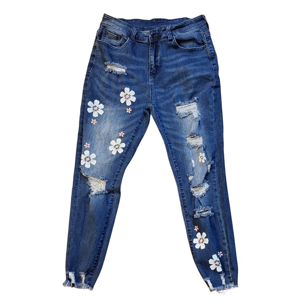 Women’s Distressed Ripped Floral Jeans Size Large Blue Denim Casual Boho Style